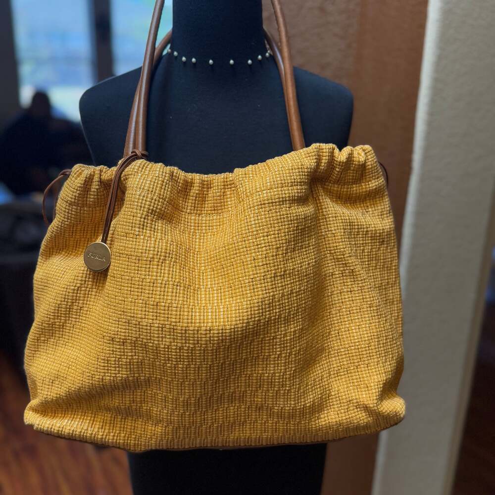 Furla Large Mustard Yellow Textured Leather Shoulder Bag Brown Leather Handles/A